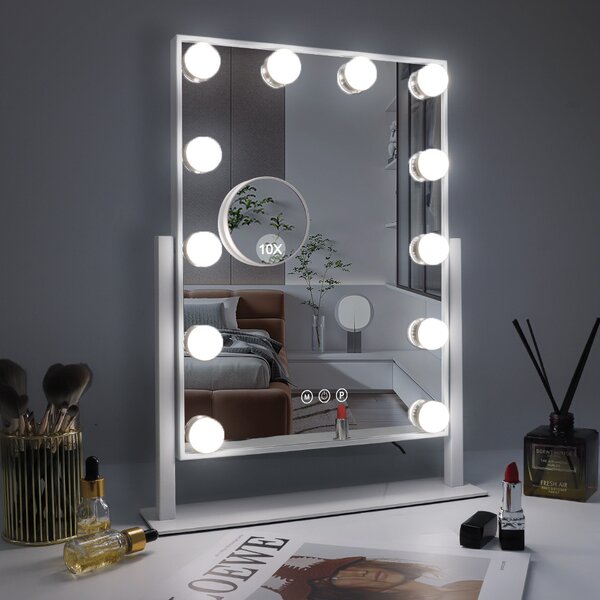 VANITII Make-up zrcadlo s osvětlením 30 x 41 cm LED osvětlení 12 stmívatelných světel 3 barevné režimy Make-up zrcadlo otočné o 360° pro toaletní stolek bílé barvy