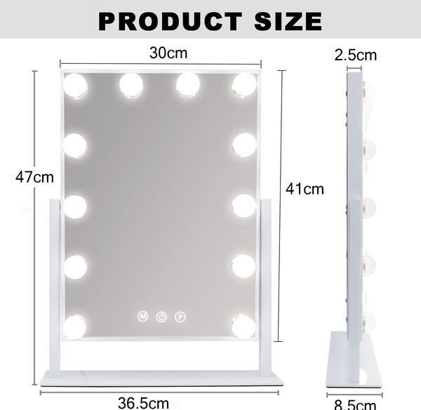 VANITII Make-up zrcadlo s osvětlením 30 x 41 cm LED osvětlení 12 stmívatelných světel 3 barevné režimy Make-up zrcadlo otočné o 360° pro toaletní stolek bílé barvy