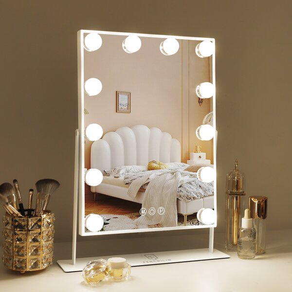 VANITII Make-up zrcadlo s osvětlením 30 x 41 cm LED osvětlení 12 stmívatelných světel 3 barevné režimy Make-up zrcadlo otočné o 360° pro toaletní stolek bílé barvy