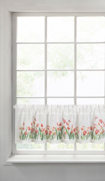 Eurofirany Bílá záclona na pásce STELLA s potiskem tulipánů 150x30 cm