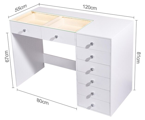 VANITII Kosmetický stolek se zrcadlem a osvětlením, 8 zásuvek, bílý, rozměry 120 x 55 x 141 cm