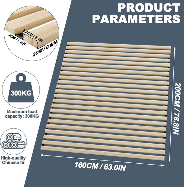 TWOLIIN Lamelový rám Premium 23 lamel z masivního smrkového dřeva 160 x 200 cm, rolovací lamelový rám, rolovací rám pro všechny typy matrací, nosnost 300 kg, včetně černé gumy