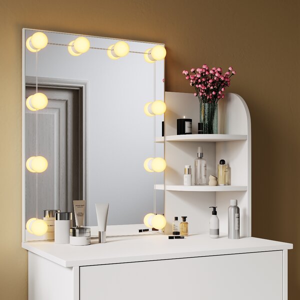 SONNI bílá komoda 70x40x140cm LED světelná komoda s nastavitelným jasem se zrcadlem a zásuvkou