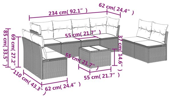 9dílná zahradní sedací souprava s poduškami černá polyratan 3249295