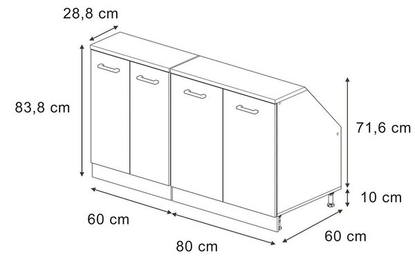 Kuchyňská skříňka pod šikmou střechu Vicco R-Line Černý beton 140 cm Sada 2 korpusů skříně hloubka 60 cm, Model 60373