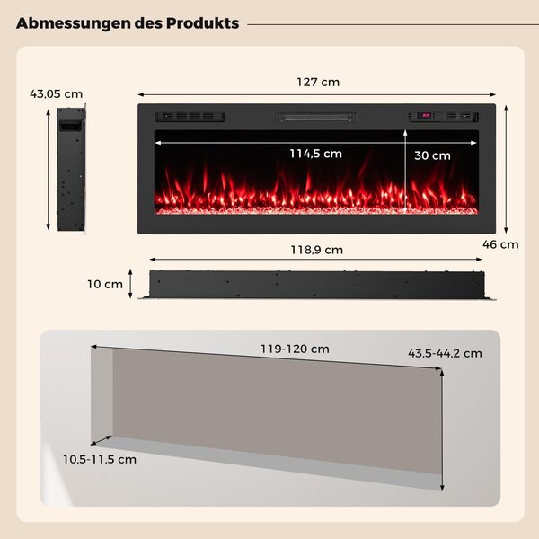 COSTWAY 50" elektrický krb s ohřevem 750W/1500W, vestavěný krb nástěnný krb s dálkovým ovládáním/ovládáním aplikací WiFi, 12 barev plamene a časovačem 127x10x46cm