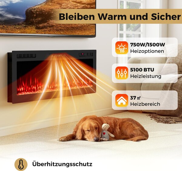 COSTWAY 50" elektrický krb s ohřevem 750W/1500W, vestavěný krb nástěnný krb s dálkovým ovládáním/ovládáním aplikací WiFi, 12 barev plamene a časovačem 127x10x46cm