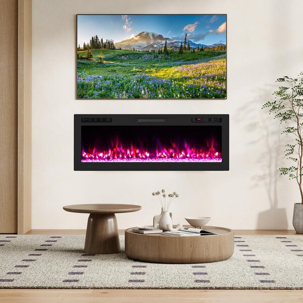 COSTWAY 50" elektrický krb s ohřevem 750W/1500W, vestavěný krb nástěnný krb s dálkovým ovládáním/ovládáním aplikací WiFi, 12 barev plamene a časovačem 127x10x46cm