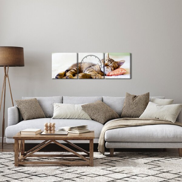 Obraz - Spící kotě (s hodinami) (90x30 cm)