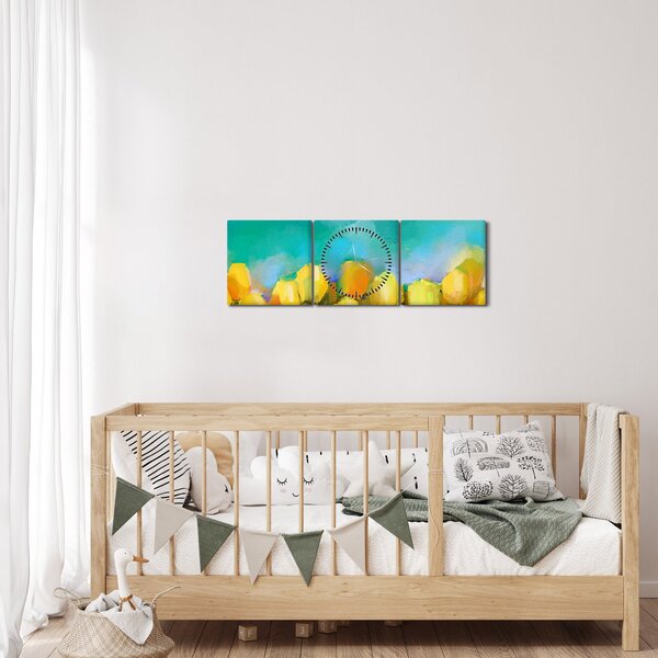 Obraz žlutých tulipánů (s hodinami) (90x30 cm)