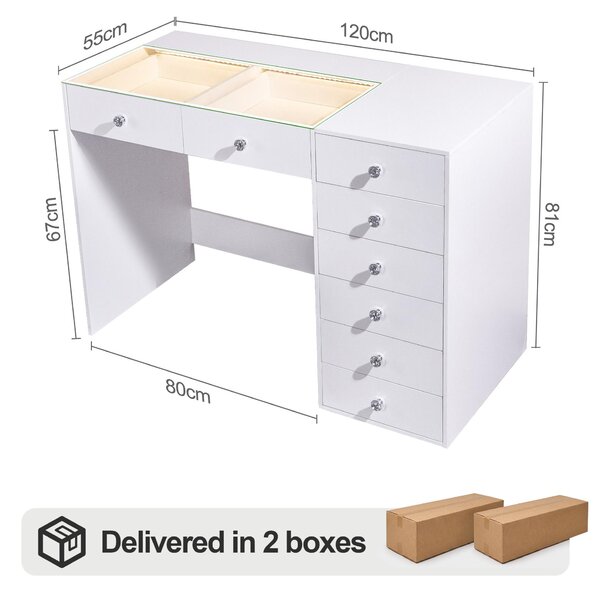 VANITII Kosmetický stolek s osvětlením LED, 8 zásuvek, bílý, rozměry 120 x 55 x 81 cm