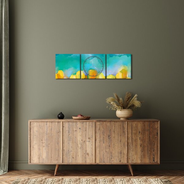 Obraz žlutých tulipánů (s hodinami) (90x30 cm)