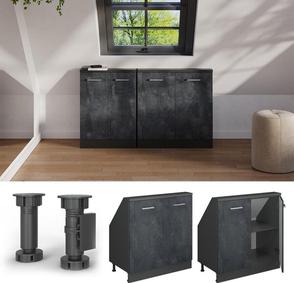Kuchyňská skříňka pod šikmou střechu Vicco R-Line Černý beton 80 cm se 2 dvířky, Model 58060