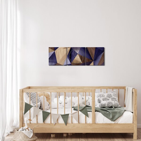 Obraz - 3D dřevěné trojúhelníky (s hodinami) (90x30 cm)