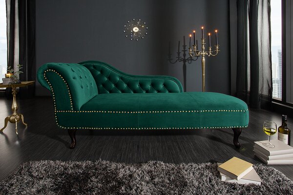 Chesterfield Design Récamière 170cm smaragdově zelený samet s prošíváním knoflíků a nýtovaným lemem lehátko chaise longue