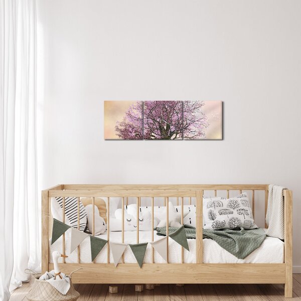 Obraz rozkvetlého stromu na vrcholku kopce (s hodinami) (90x30 cm)