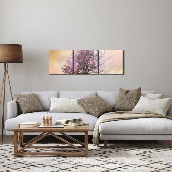 Obraz rozkvetlého stromu na vrcholku kopce (s hodinami) (90x30 cm)