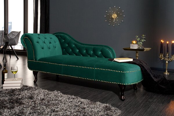 Chesterfield Design Récamière 170cm smaragdově zelený samet s prošíváním knoflíků a nýtovaným lemem lehátko chaise longue