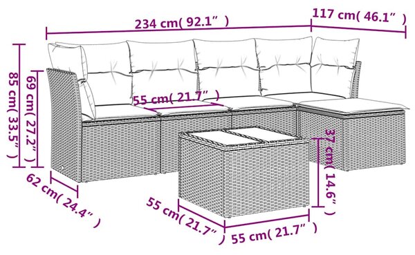 6dílná zahradní sedací souprava s poduškami šedá polyratan 3217570