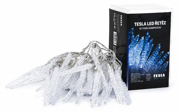 TESLA lighting Tesla - vánoční řetěz Rampouch 7cm, 50LED, 6500K, 5m + 30cm kabel, 3x AA baterie, čas. IP44