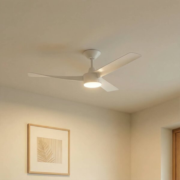 Lucande Stropní ventilátor Airona s LED osvětlením, bílý, stejnosměrný, tichý,, stmívatelný, Bílá / opál, Obývací pokoj / jídelna, Plast, Moderní
