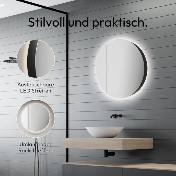Zrcadlová skříňka s LED osvětlením, průměr 60 cm, kulatý tvar, korpus z hliníku, barva černá, 2 úložné plochy, stupeň krytí IP24
