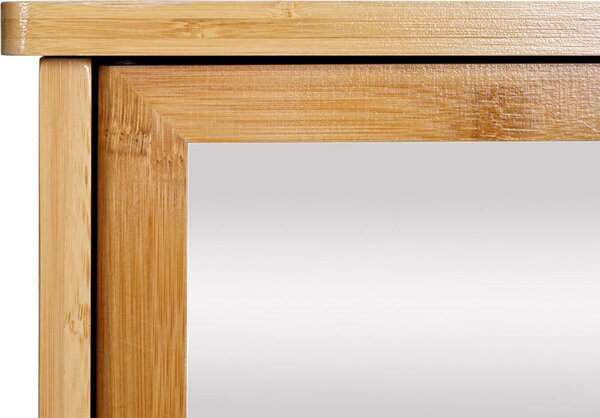 Zrcadlová skříňka HWC-B18, Koupelnová zrcadlová skříňka na zeď, 3 police 2 dvířka zrcadlo bambus 62x66x15cm