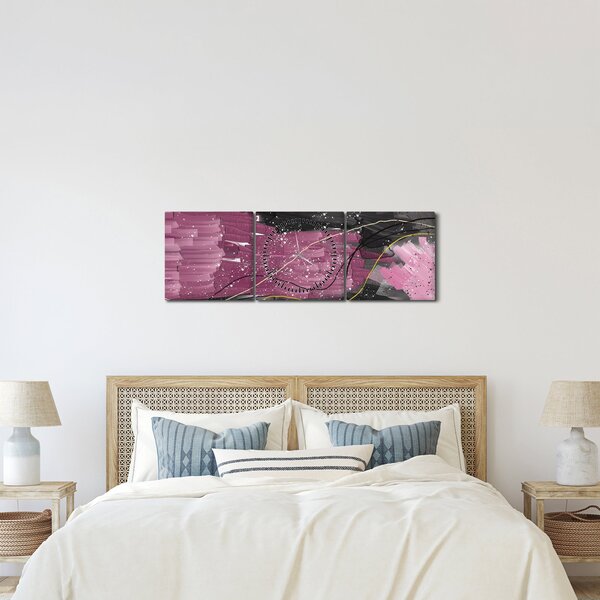 Obraz - Růžovo-černá abstrakce (s hodinami) (90x30 cm)