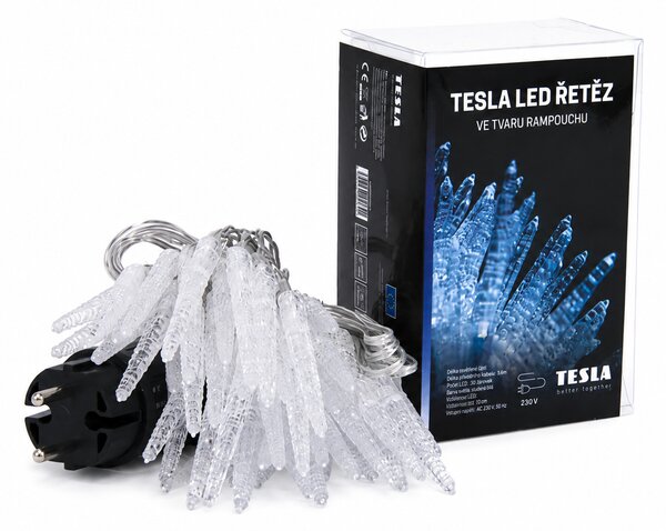 TESLA lighting Tesla - vánoční řetěz Rampouch 7cm, 50LED, 6500K, 5m + 3m kabel, 230V, časovač, IP44