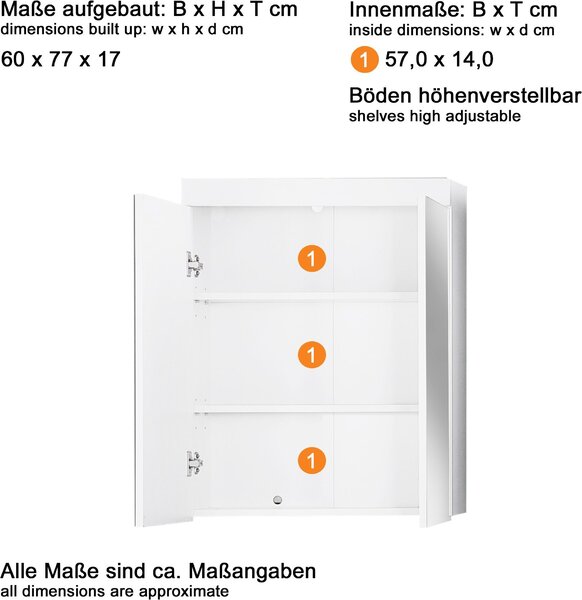 Trendteam Koupelnová zrcadlová skříňka Amanda White Melamin/Bílý vysoký lesk Hluboká zásuvka 60 x 77 x 17 cm