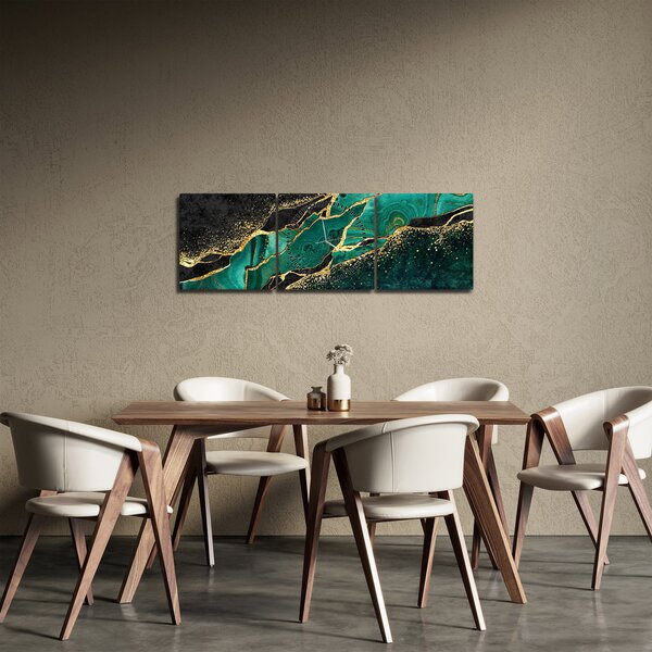 Obraz - Petrolejovo-zlaté mramorování (s hodinami) (90x30 cm)