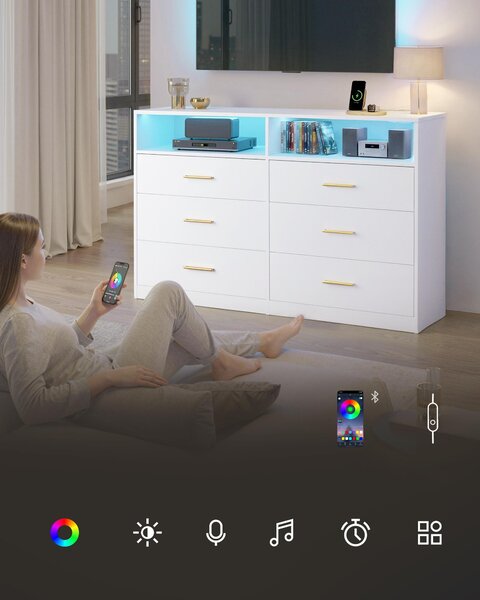 Komoda VASAGLE s LED osvětlením a nabíjecí stanicí, 6 zásuvek, moderní, do ložnice i obývacího pokoje, bílá