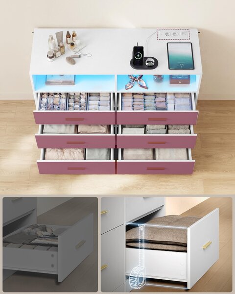 Komoda VASAGLE s LED osvětlením a nabíjecí stanicí, 6 zásuvek, moderní, do ložnice i obývacího pokoje, bílá