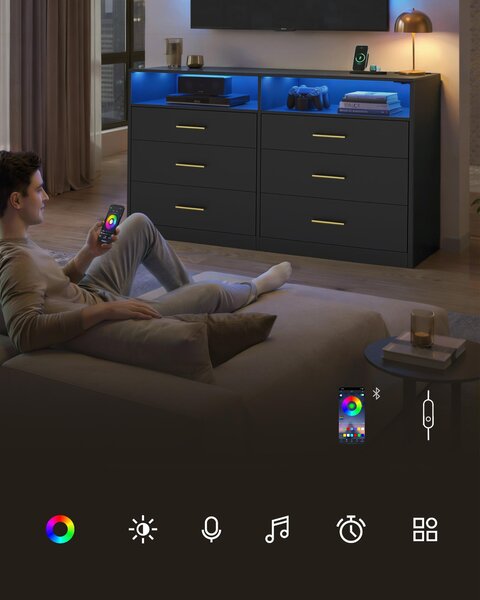 Komoda VASAGLE s LED osvětlením a nabíjecí stanicí, 6 zásuvek, moderní, do ložnice i obývacího pokoje, černá