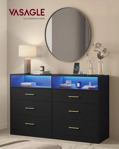 Komoda VASAGLE s LED osvětlením a nabíjecí stanicí, 6 zásuvek, moderní, do ložnice i obývacího pokoje, černá
