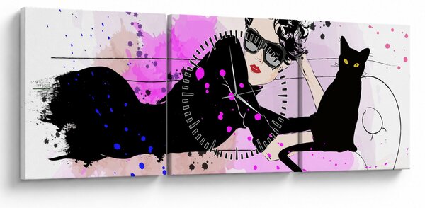 Obraz - Žena s černou kočkou (s hodinami) (90x30 cm)