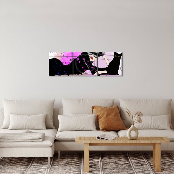 Obraz - Žena s černou kočkou (s hodinami) (90x30 cm)