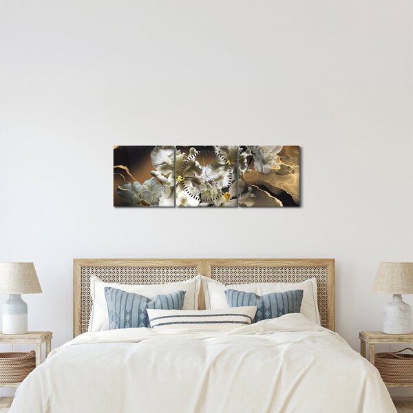 Obraz - Květy orchidejí na mramorovém pozadí (s hodinami) (90x30 cm)