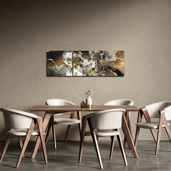 Obraz - Květy orchidejí na mramorovém pozadí (s hodinami) (90x30 cm)