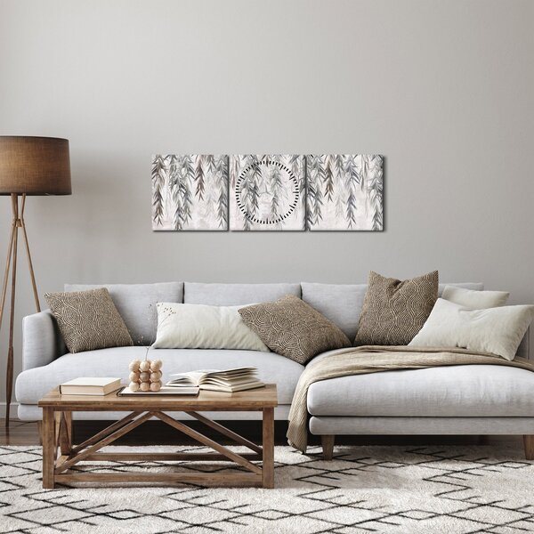 Obraz - Vrbové větvičky v šedé omítce (s hodinami) (90x30 cm)