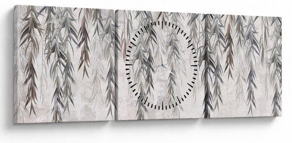 Obraz - Vrbové větvičky v šedé omítce (s hodinami) (90x30 cm)