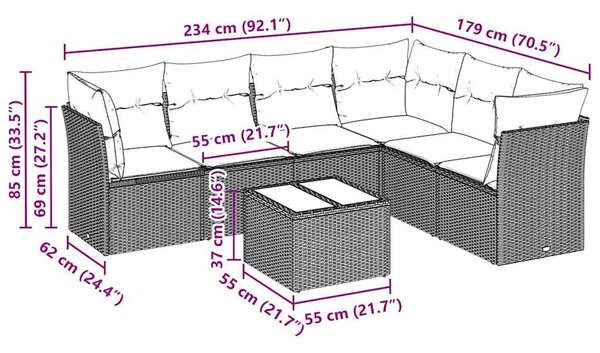 7dílná zahradní sedací souprava a podušky světle šedá polyratan 3217692