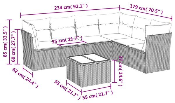 7dílná zahradní sedací souprava s poduškami šedá polyratan 3217690
