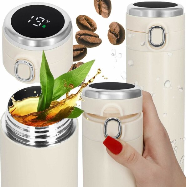 Nerezová termoska s teploměrem 420 ml SPRINGOS THERMOS krémová