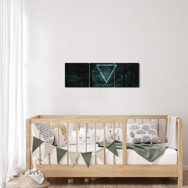 Obraz - Neonový trojúhelník v jungli (s hodinami) (90x30 cm)
