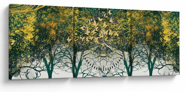 Obraz - Jeleni v zeleném lese (s hodinami) (90x30 cm)