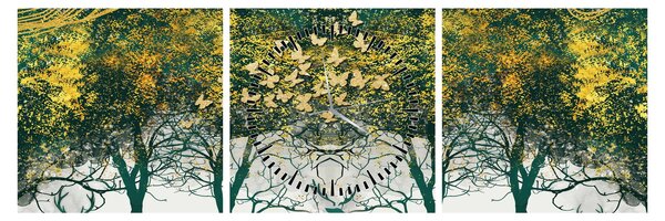Obraz - Jeleni v zeleném lese (s hodinami) (90x30 cm)