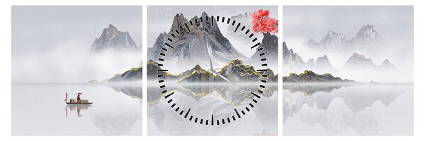 Obraz - Hory v mlze (s hodinami) (90x30 cm)