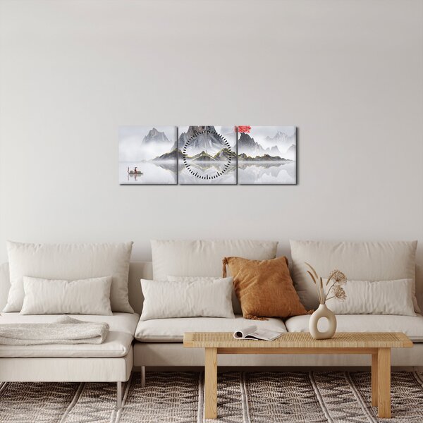 Obraz - Hory v mlze (s hodinami) (90x30 cm)