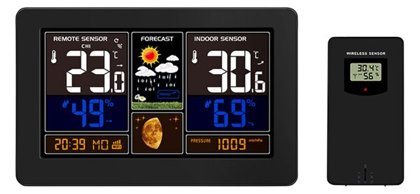 Solight meteostanice, aplikace Smart Life, extra velký barevný LCD, teplota, vlhkost, tlak, USB nabíjení, černá TE81WIFI